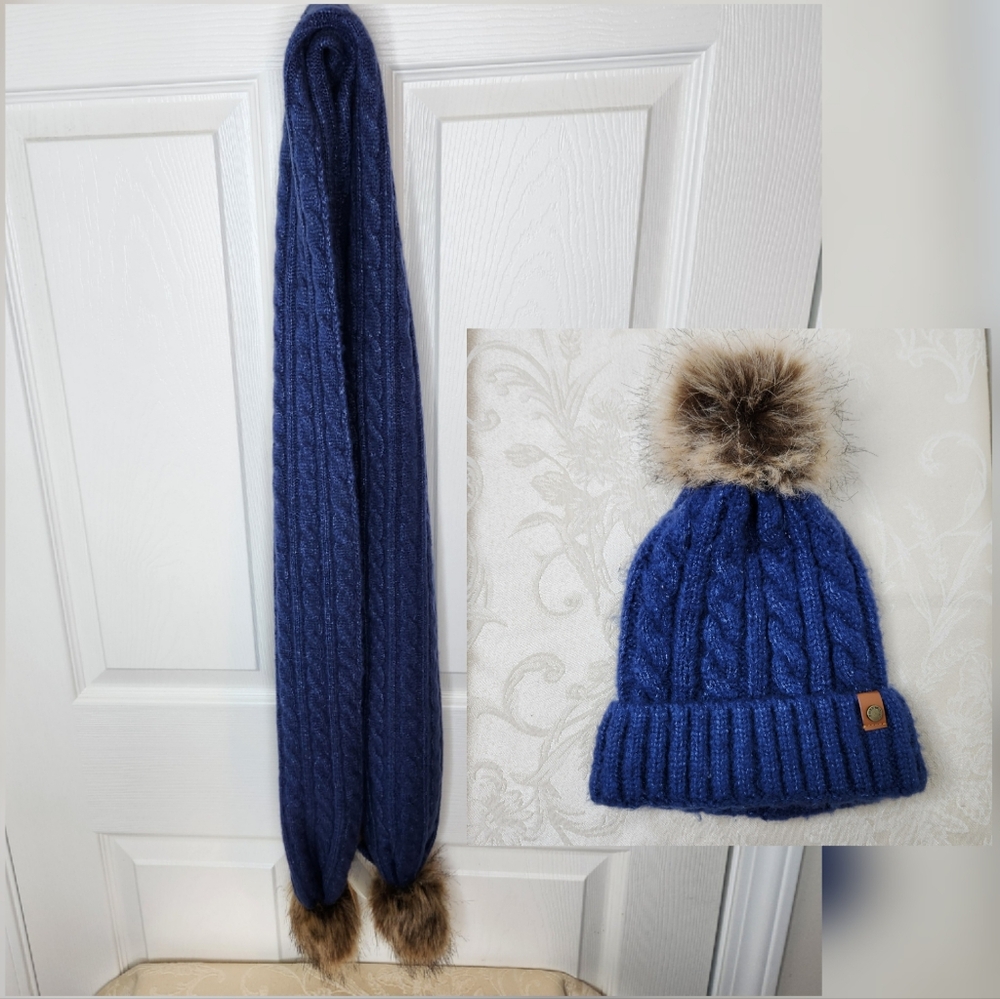Frye And Co. Cable Knit Faux Pom-Poms Hat And Scarf Set Indigo Blue